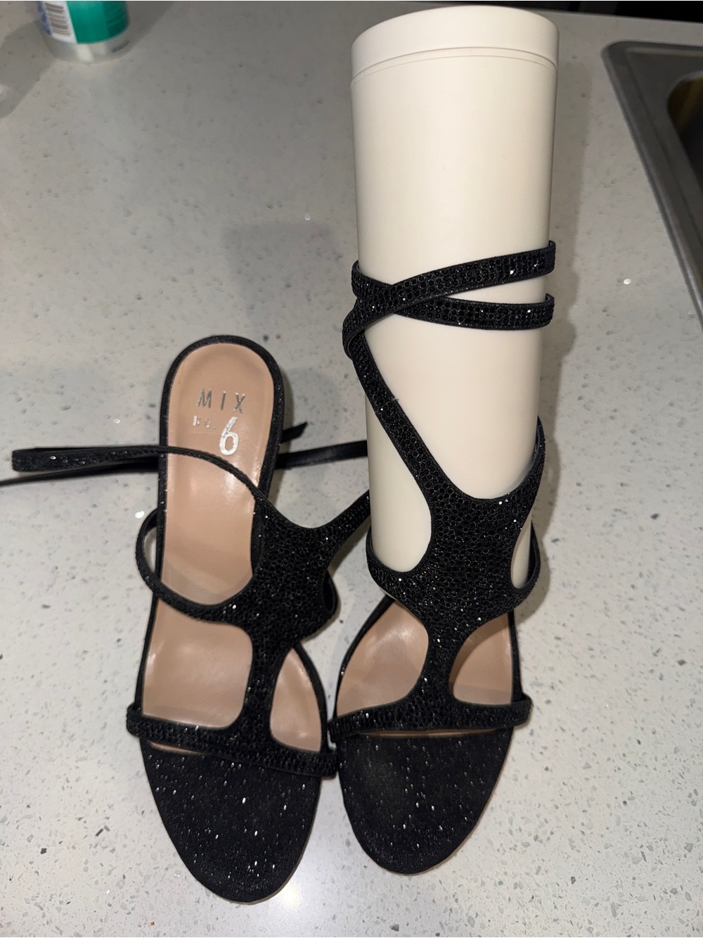 Mix No. 6 Black Glitter Strappy Stiletto Heels